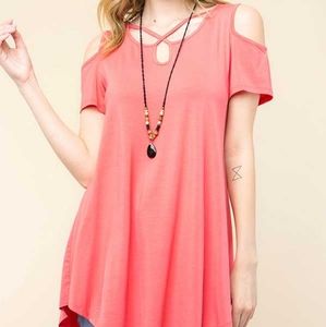 Solid Criss Cross Short Sleeve Cold Shoulder Tunic